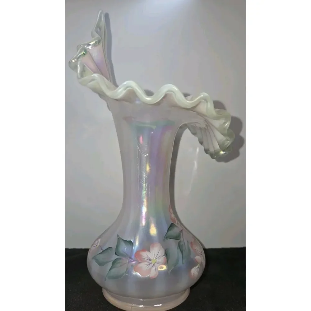 Vintage Fenton Hand-Painted Opalescent Ruffled Glass Floral Vase Signed